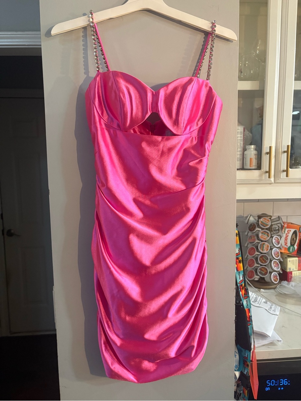 NWOT Sophia Thomas Pink Satin Ruched Mini Dress with Beaded Rhinestone  Straps